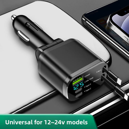 Digital Display Car Charger with Retractable Cable