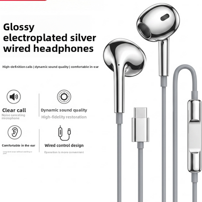 Electroplated Silver Glossy Wired Headphones