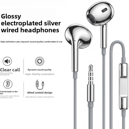 Electroplated Silver Glossy Wired Headphones