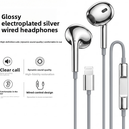 Electroplated Silver Glossy Wired Headphones